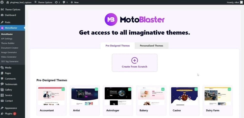 motoblaster wp dashboard