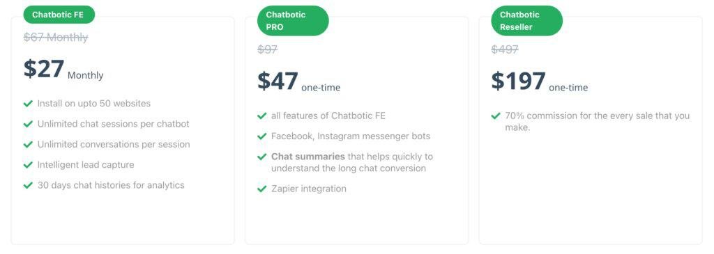 chatbotic pricing and upsells